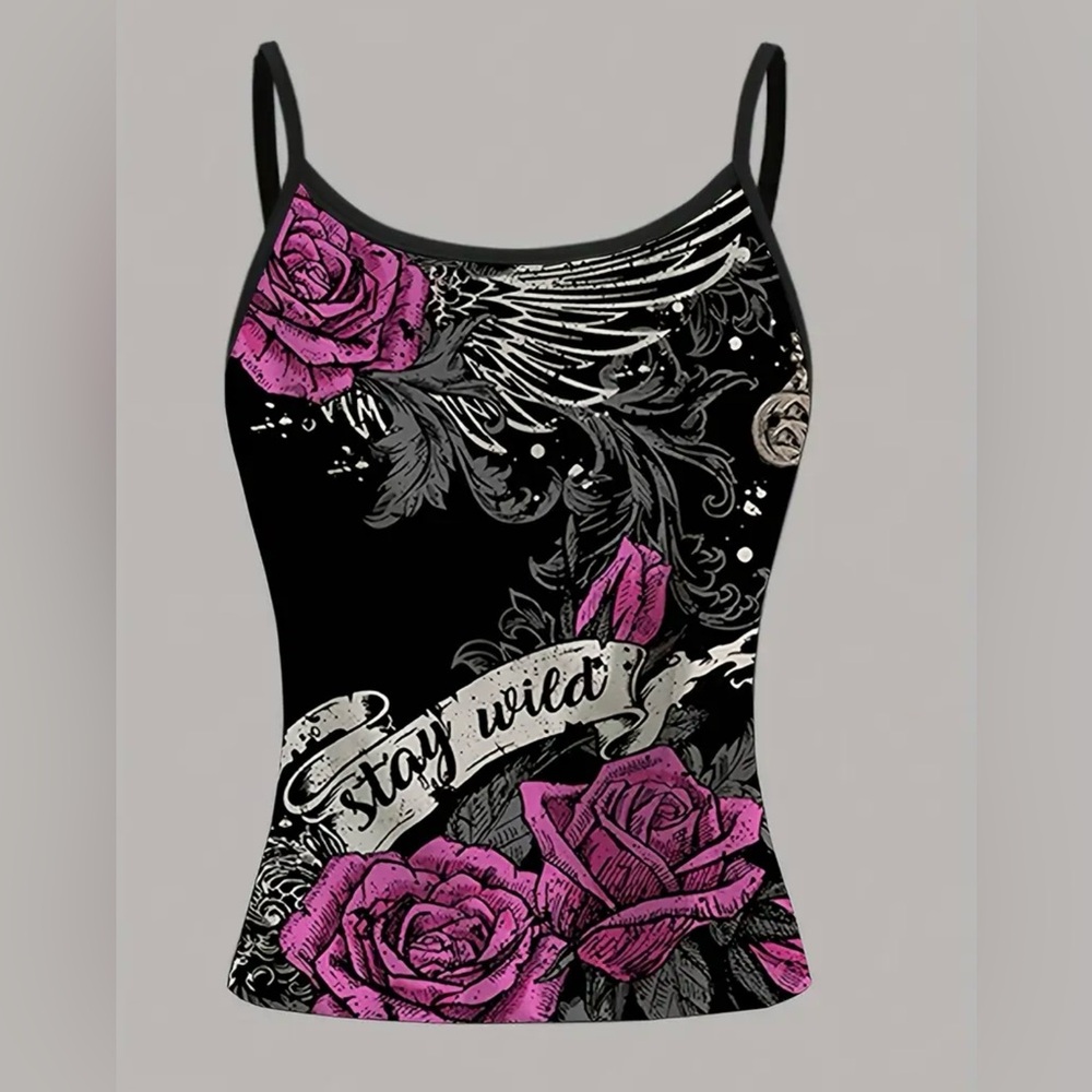 Sexy Summer Vintage Inspired Pink /Black Rose  Adjustable Cami Top